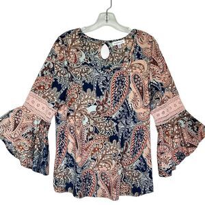 🦄 3 for $18 Roommates Paisley Peasant Ruffle 3/4 Sleeve Crochet Detail Size 1X